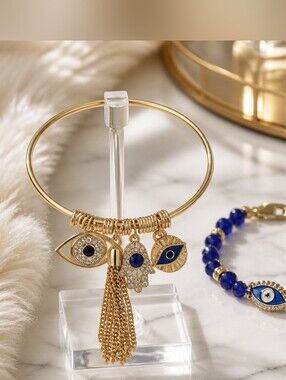 Gold Evil Eye Charm Bangle Bracelet with Blue Accents